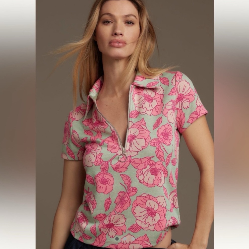 Anthropologie Maeve Short-Sleeve Floral Jacquard Top Pink/Green Medium - Picture 11 of 14